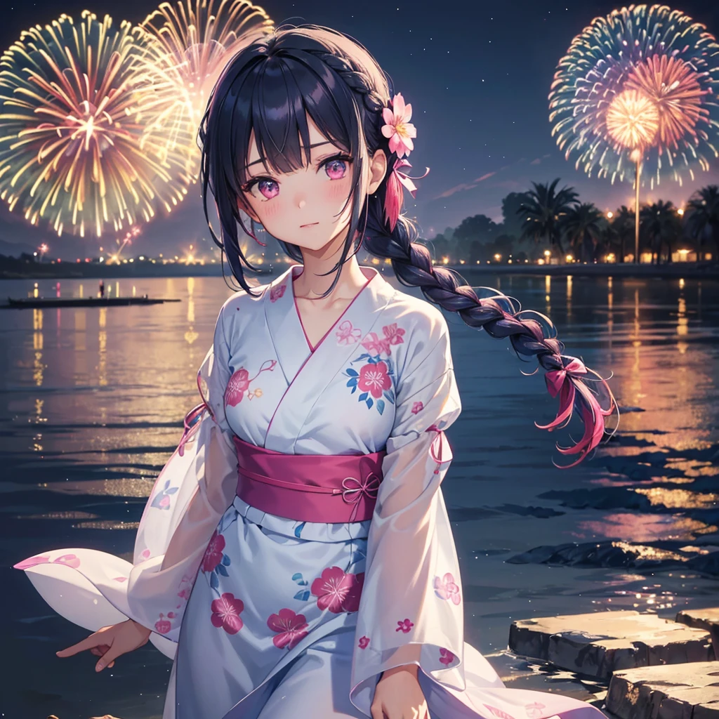 Sky Blue Medium Hair, (Braided Hair),(Pink Eyes),Fair skin ,(whole body),(1 girl)、Floral Yukata、summer night、Extra-large fireworks filling the night sky、Big fireworks、Straight bangs,(masterpiece, Highest quality, Very detailed, Best Shadow), (Detailed Background), (Beautifully detailed face), High Contrast, (Best lighting, Very delicate and beautiful), ((Cinematic Light)), colorful, Hyper Detail 8k, Dramatic Light, Intricate details,Fireworks reflected on the water surface