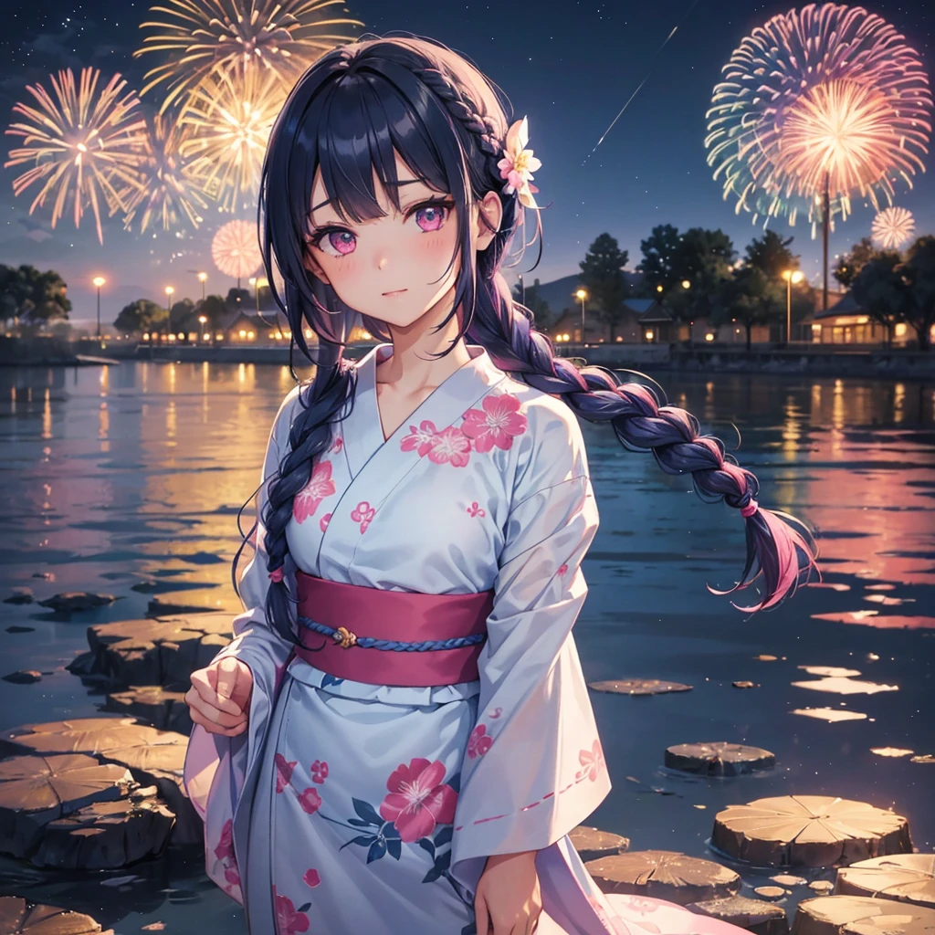Sky Blue Medium Hair, (Braided Hair),(Pink Eyes),Fair skin ,(whole body),(1 girl)、Floral Yukata、summer night、Extra-large fireworks filling the night sky、Big fireworks、Straight bangs,(masterpiece, Highest quality, Very detailed, Best Shadow), (Detailed Background), (Beautifully detailed face), High Contrast, (Best lighting, Very delicate and beautiful), ((Cinematic Light)), colorful, Hyper Detail 8k, Dramatic Light, Intricate details,Fireworks reflected on the water surface