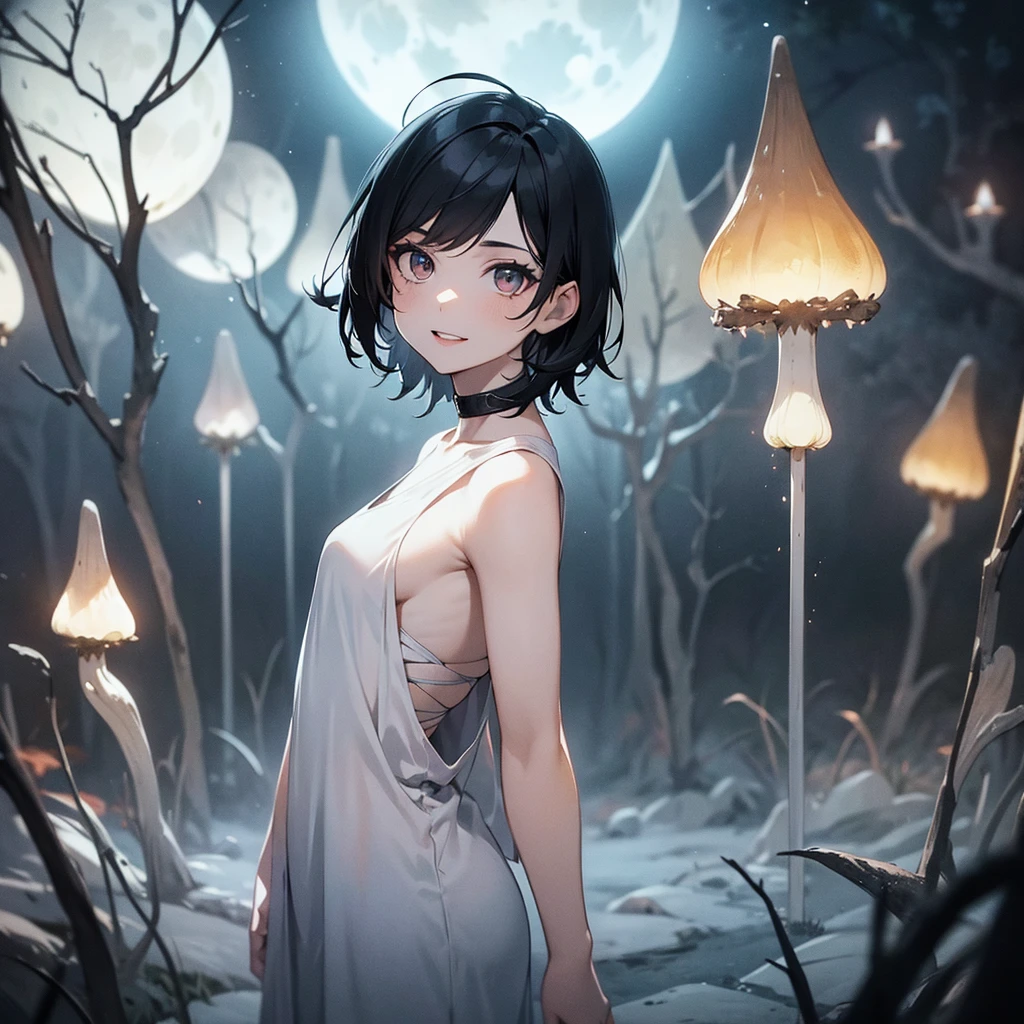 1 woman, happy, black pixie cut hair, alternative hair style, pale skin, delicate feminine mouth, small amber eyes, magic mushrooms in the floor, witch costume, full moon in sky, dark forest backdrop, ethereal, moody lighting, cinematic, dramatic, fantasy, magic, occult, supernatural, hyper detailed, intricate, masterpiece, ultra-detailed, 8k, photorealistic, cinematic lighting, dramatic shadows