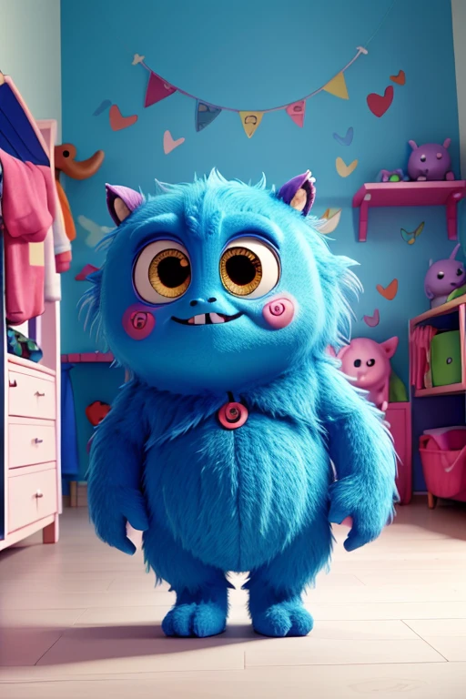 create a cute little monster, inside a child's room