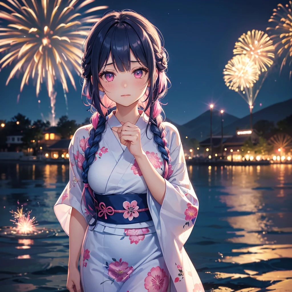 Sky Blue Medium Hair, (Braided Hair),(Pink Eyes),Fair skin ,(whole body),(1 girl)、Floral Yukata、summer night、Extra-large fireworks filling the night sky、Big fireworks、Straight bangs,(masterpiece, Highest quality, Very detailed, Best Shadow), (Detailed Background), (Beautifully detailed face), High Contrast, (Best lighting, Very delicate and beautiful), ((Cinematic Light)), colorful, Hyper Detail 8k, Dramatic Light, Intricate details,Fireworks reflected on the water surface