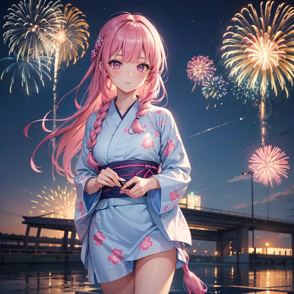 Sky Blue Medium Hair, (Braided Hair),(Pink Eyes),Fair skin ,(whole body),(1 girl)、Floral Yukata、summer night、Extra-large fireworks filling the night sky、Big fireworks、Straight bangs,(masterpiece, Highest quality, Very detailed, Best Shadow), (Detailed Background), (Beautifully detailed face), High Contrast, (Best lighting, Very delicate and beautiful), ((Cinematic Light)), colorful, Hyper Detail 8k, Dramatic Light, Intricate details,Fireworks reflected on the water surface