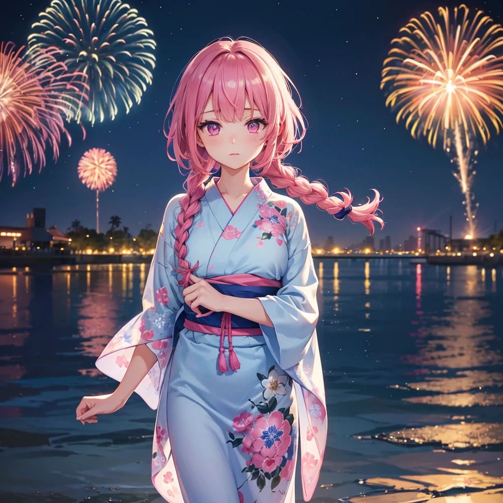 Sky Blue Medium Hair, (Braided Hair),(Pink Eyes),Fair skin ,(whole body),(1 girl)、Floral Yukata、summer night、Extra-large fireworks filling the night sky、Big fireworks、Straight bangs,(masterpiece, Highest quality, Very detailed, Best Shadow), (Detailed Background), (Beautifully detailed face), High Contrast, (Best lighting, Very delicate and beautiful), ((Cinematic Light)), colorful, Hyper Detail 8k, Dramatic Light, Intricate details,Fireworks reflected on the water surface