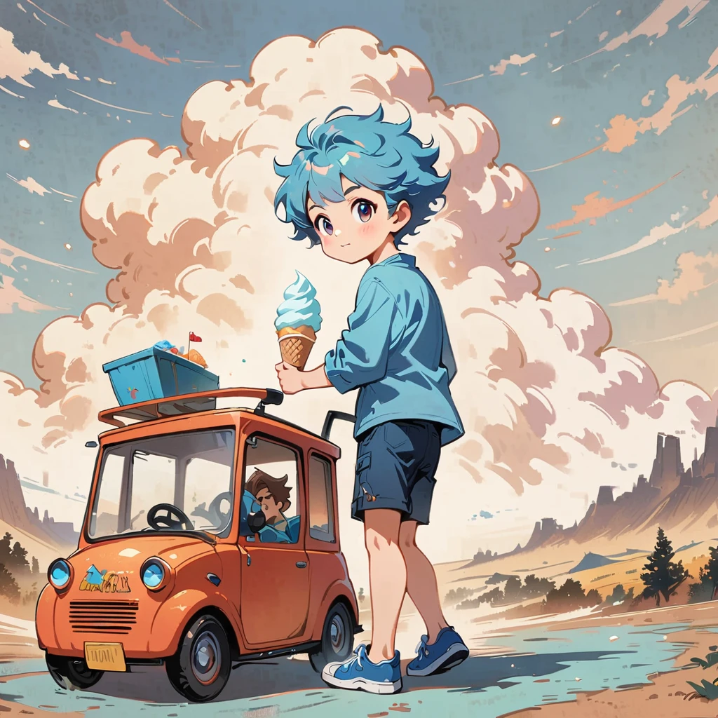 1 young male with light blue hair、With KartRider game in the background、Holding an ice cream、There is a nice cart behind one young man.、Cartoon style character design,exciting,exciting,clean lines