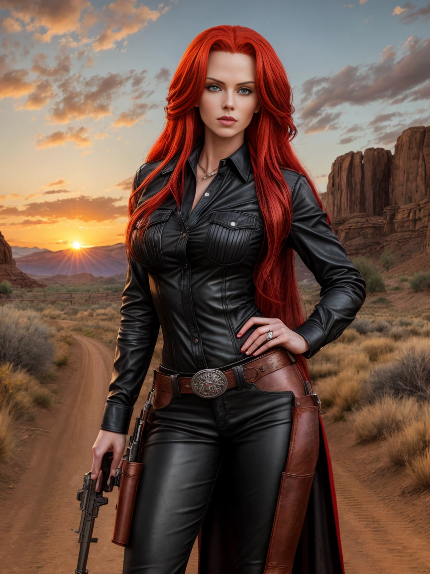 full body realism, a woman with long red hair wearing black leather pants and a plaid shirt is standing next to a gun holster in front of a wild west landscape at sunset