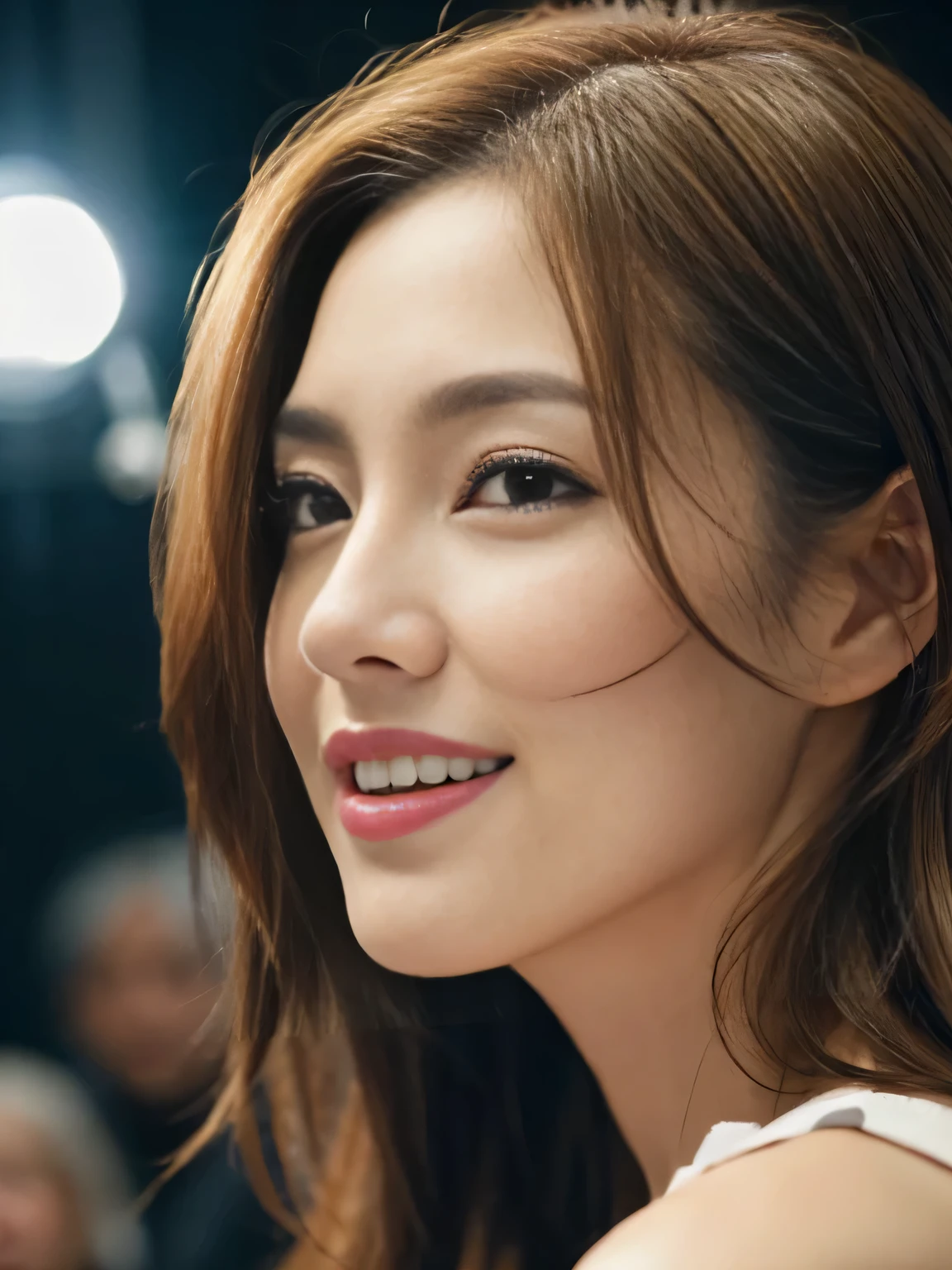 8k, RAW Photos, Highest quality, masterpiece, Head shot from the front、One Japanese woman、28-year-old housewife、Perfect Makeup、Dark eyeliner、Red eyeshadow、Glossy dark pink lips、Big Laugh、Symmetrical eyes、Clear Eyes、Highly detailed eyes、Highly detailed face, Fine skin, Sharp focus, Blurred Background、Shiny light brown hair、Perfect studio lighting、Portrait、Watching the audience、
