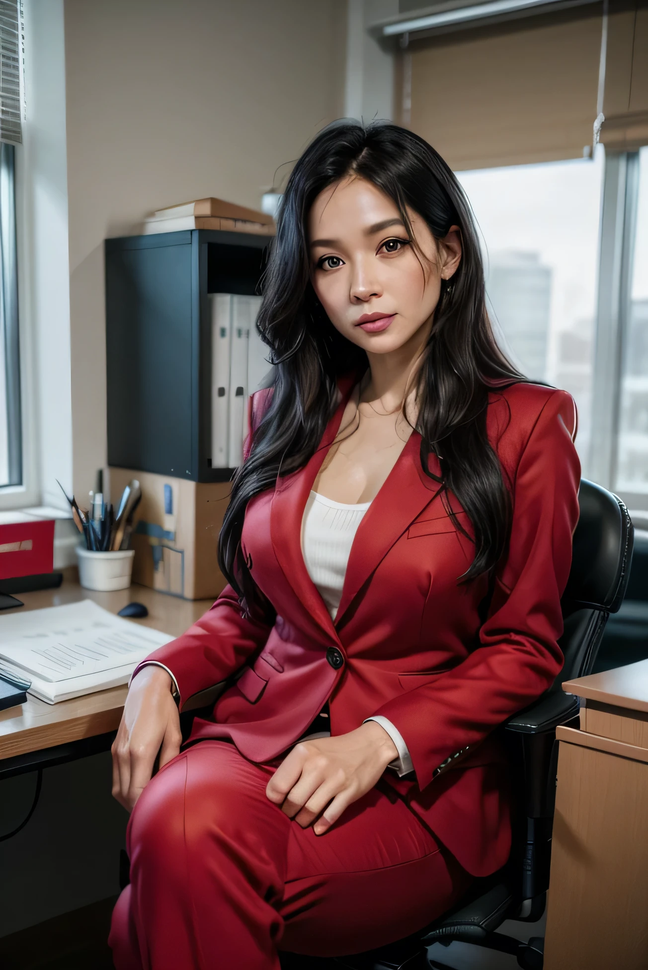 Woman, approximately 40 years old, with light skin and long, slightly wavy black hair, sitting at an office desk dressed in a red suit