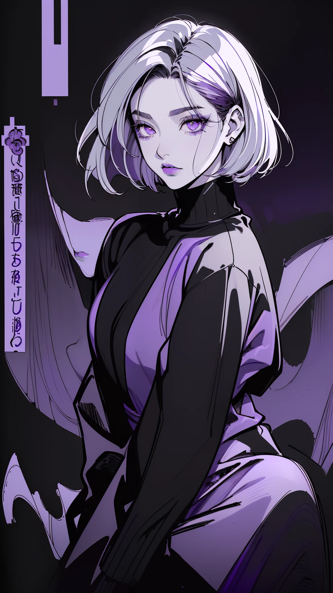 (best quality, sketch:1.2), dark monochrome background, anime,illustrator,anime,1 girl, detailed lips,sweater,custom, ( background dark),neon hair,textured cropping,Canadian, masterpiece, style retro classic, noir dark, art, sketch book, (bob hair purple:1.35, black:1.55), bad women 