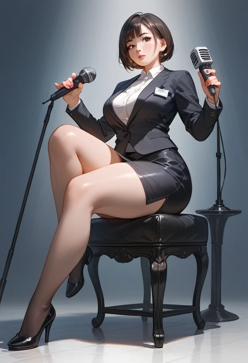 (score_9,score_8_up,score_7_up) 1lady asian, solo, mature female, (black short hair), bob hairstyle, bangs, almond eyes, (suit), tight black blazer, (tight pencil_skirt), blank expression, pale, ((thick thighs)) ((flatshoes, black footwear))  ((wide hips)) standing upright, full body shown, holding microphone, news reporter, busty, thick legs, thick thighs pressed together, asian woman, hourglass bodyfigure, staring at camera, asian details, facing forward, detailed face, staring