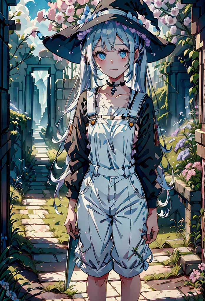 a girl with twin tails wearing a white shirt, overalls, with angel wings and a witch hat, happy, holding a sci-fi scythe, standing in ancient ruins surrounded by flowers, intricate details, cinematic lighting, fantasy, anime style, 8k, high quality, dynamic scene, nsfw