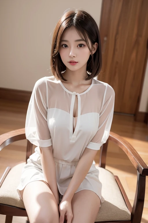 masterpiece、Highest quality、High resolution、wallpaper、Realistic、Bright lighting、Professional Lighting、Face Light、Smooth lighting、Japanese Girls、Beautiful woman、gravure、so beautiful、Beautiful Skin、Beautiful and detailed、Detailed face、slim、Moderate、short hair、Looking into the camera、mini skirt,No makeup,Innocent face、Sitting in a chair,White panties,See-through blouse,(Realistic Skin)