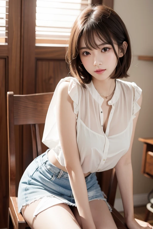 masterpiece、Highest quality、High resolution、wallpaper、Realistic、Bright lighting、Professional Lighting、Face Light、Smooth lighting、Japanese Girls、Beautiful woman、gravure、so beautiful、Beautiful Skin、Beautiful and detailed、Detailed face、slim、Moderate、short hair、Looking into the camera、mini skirt,No makeup,Innocent face、Sitting in a chair,White panties,See-through blouse,(Realistic Skin)