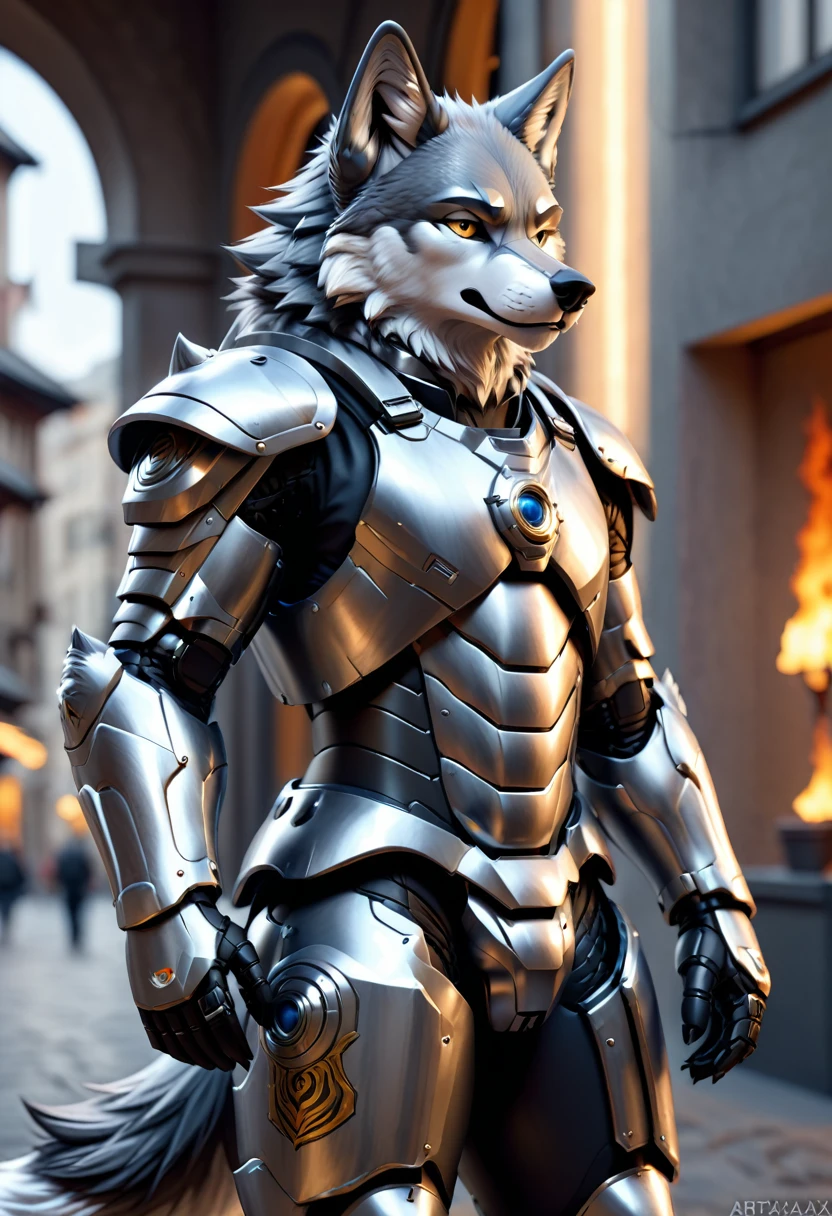 furry character, full body, wolf, 1boy, detailed background, 8K, (masterpiece:1.5), intricate details, highly detailed, extreme detail, octane render, fine art, best quality, highres, (detailed face:1.5), ((full_body)), UHD, (((perfect hands))),looking at viewer, ArtemisiaXL, facing left, full body armor