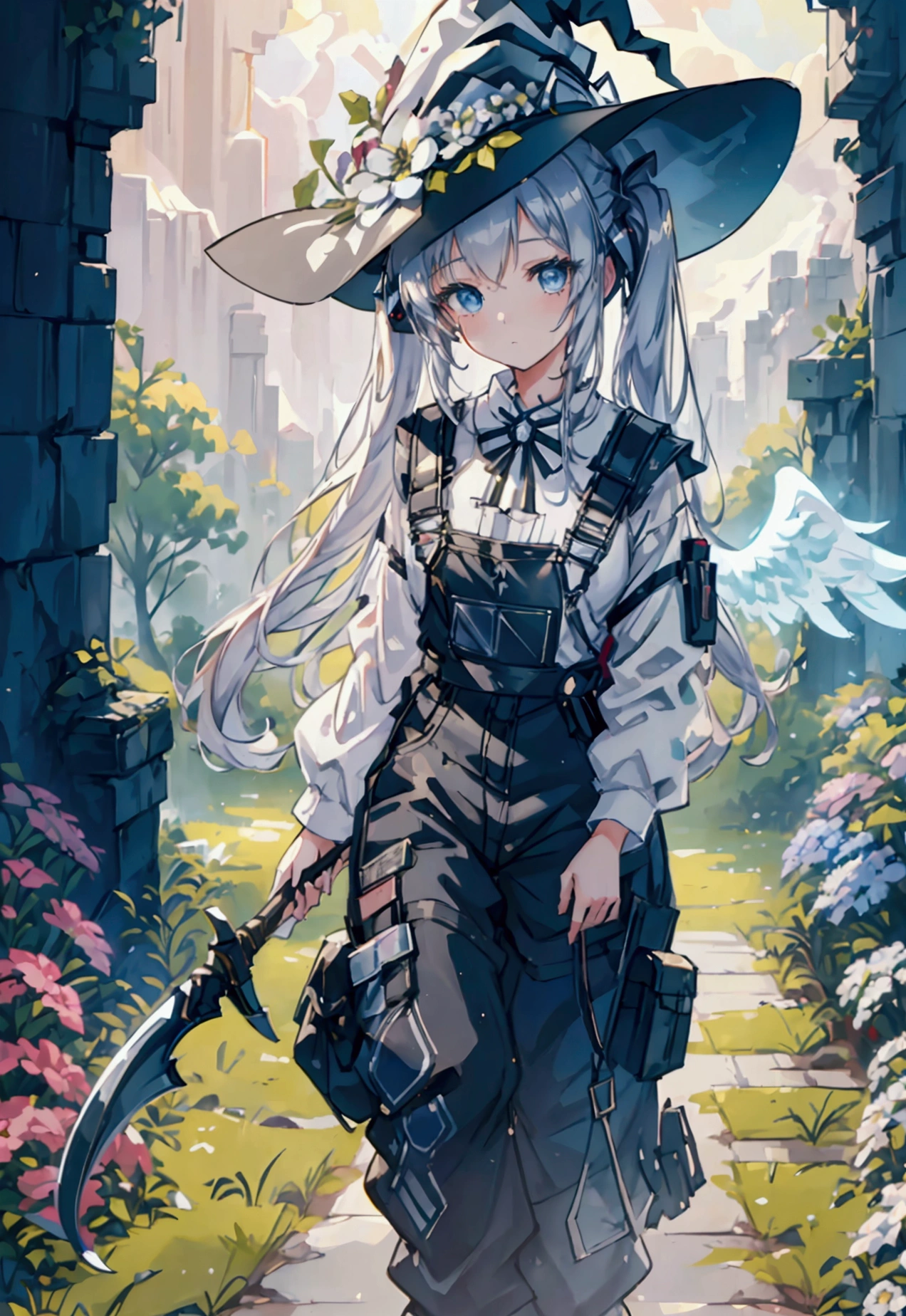 a girl with twin tails wearing a white shirt, overalls, with angel wings and a witch hat, happy, holding a sci-fi scythe, standing in ancient ruins surrounded by flowers, intricate details, cinematic lighting, fantasy, anime style, 8k, high quality, dynamic scene, nsfw