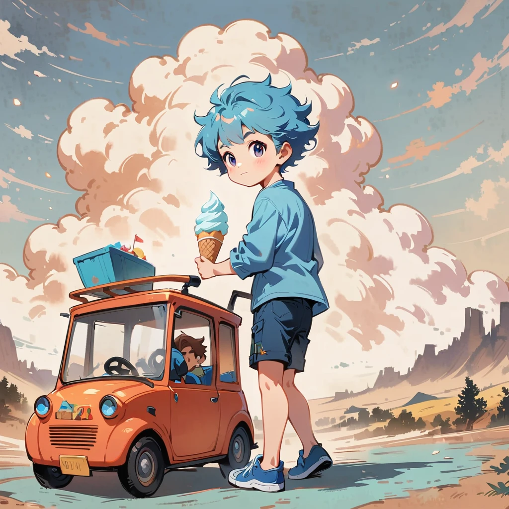 1 young male with light blue hair、With Kart Rider game in the background、Holding an ice cream、There is a nice cart behind one young man.、Cartoon style character design,exciting,exciting,clean lines