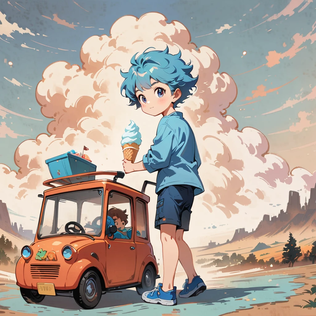 ung male with light blue hair、With Kart Rider game in the background、Holding an ice cream、There is a nice cart behind one young man.、Cartoon style character design,exciting,exciting,clean lines