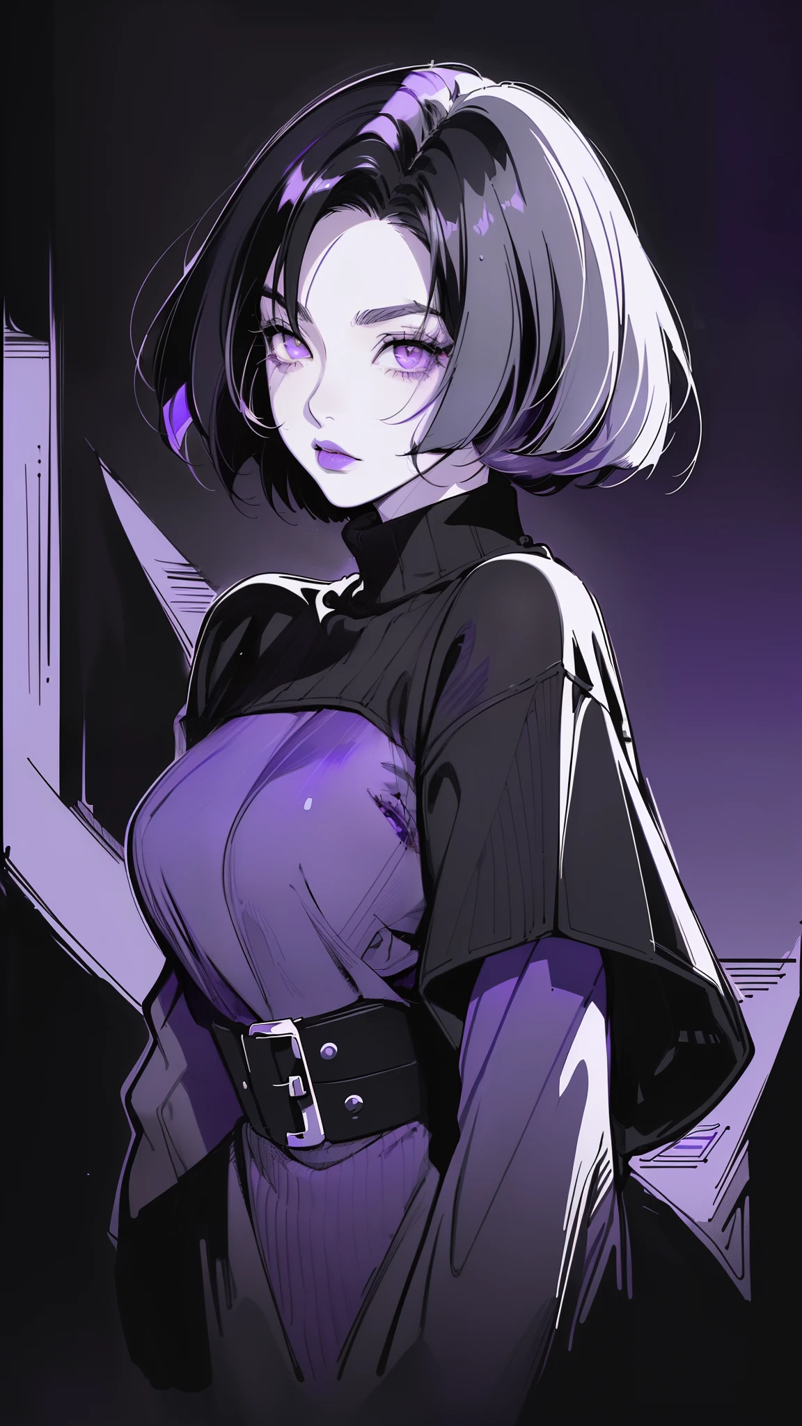 (best quality, sketch:1.2), dark monochrome background, anime,illustrator,anime,1 girl, detailed lips,sweater,custom, ( background dark),neon hair,textured cropping,Canadian, masterpiece, style retro classic, noir dark, art, sketch book, (bob hair purple:1.35, black:1.55), bad women 