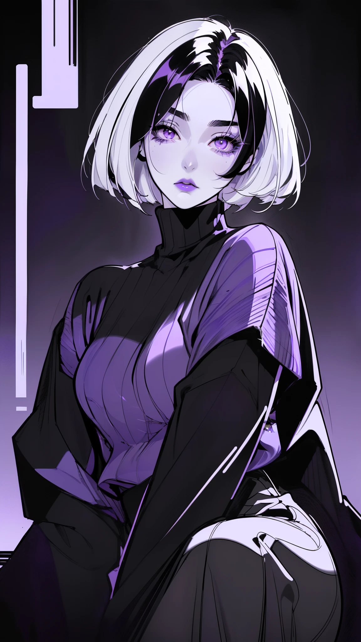 (best quality, sketch:1.2), dark monochrome background, anime,illustrator,anime,1 girl, detailed lips,sweater,custom, ( background dark),neon hair,textured cropping,Canadian, masterpiece, style retro classic, noir dark, art, sketch book, (bob hair purple:1.35, black:1.55), bad women 