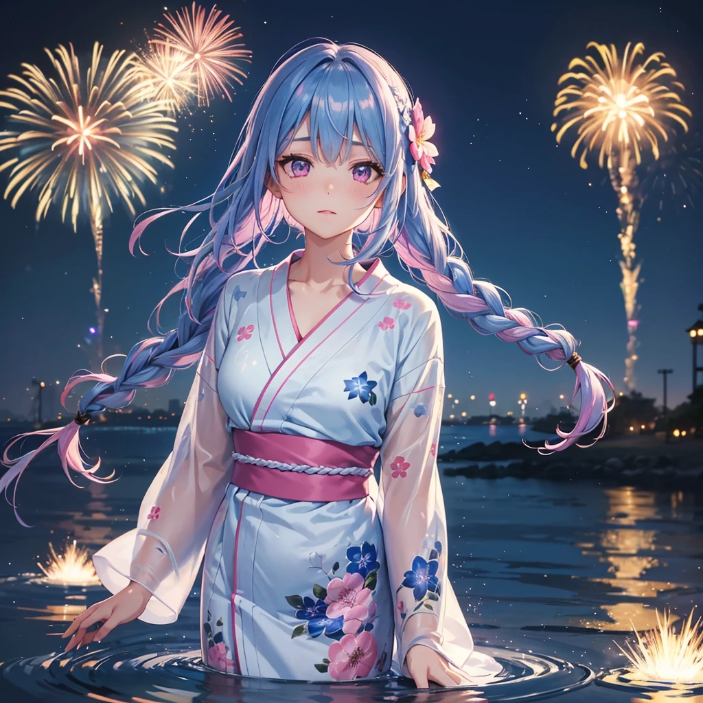 (Sky Blue Medium Hair:1.2), (Braided Hair),(Pink Eyes),Fair skin ,(whole body),(1 girl)、Floral Yukata、summer night、Extra-large fireworks filling the night sky、Big fireworks、Straight bangs,(masterpiece, Highest quality, Very detailed, Best Shadow), (Detailed Background), (Beautifully detailed face), High Contrast, (Best lighting, Very delicate and beautiful), ((Cinematic Light)), colorful, Hyper Detail 8k, Dramatic Light, Intricate details,Fireworks reflected on the water surface