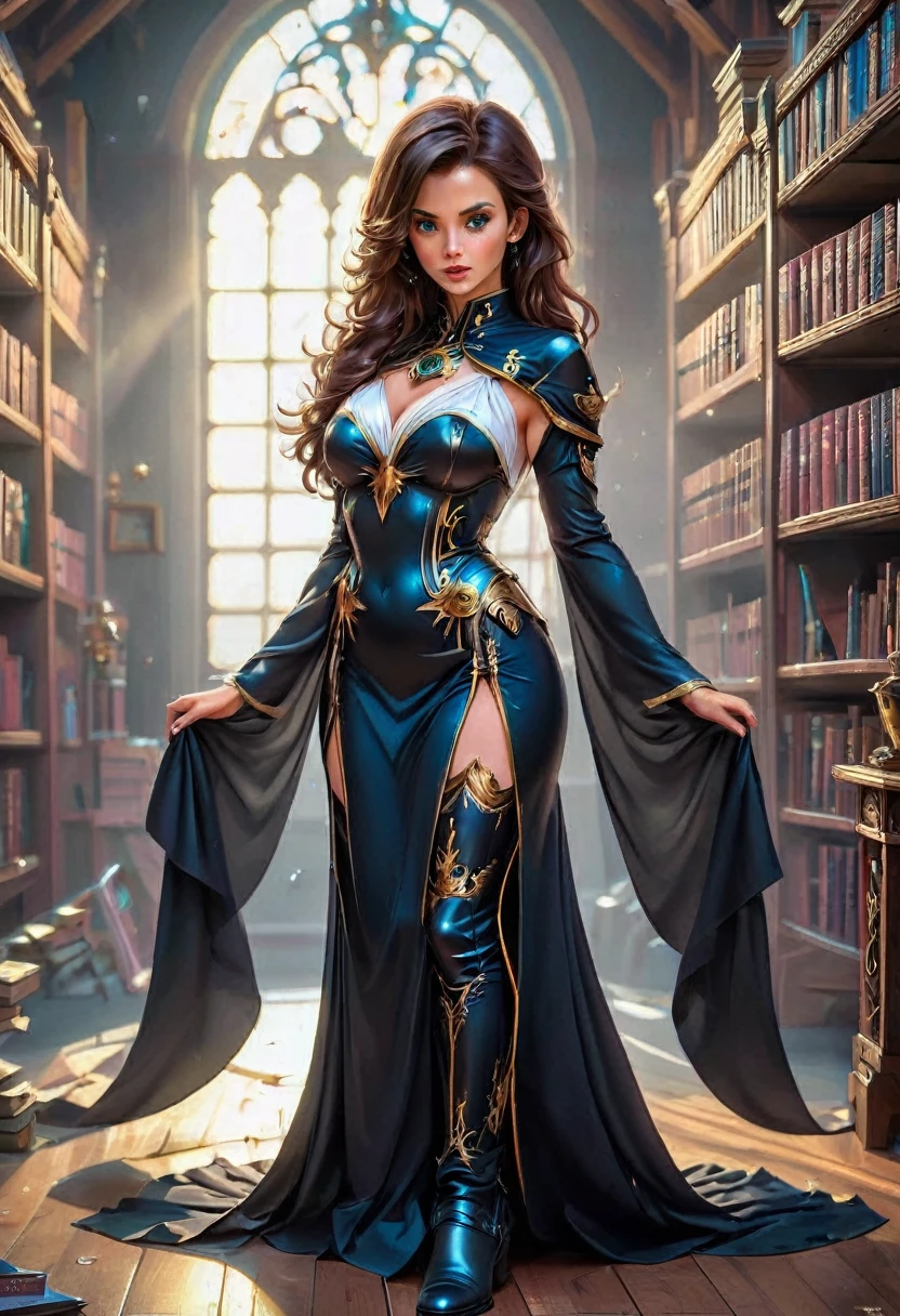 a sorceress casting a IceMagicAII spell in magical library exquisite beautiful human woman ((full body shot: 1.5)), ((anatomically correct: 1.5)) (ultra detailed face: 1.2), dynamic skin complexion, dynamic hair style, dynamic hair color,  she is wearing a long dark dress, intricate dark dress, small cleavage, long white cloak, (high heeled boots: 1.3) fantasy magical laboratory, books, potions, and magical study items,  background,  vibrant, Ultra-high resolution, High Contrast, (masterpiece:1.5), highest quality, Best aesthetics), best details, best quality, highres, 16k, [ultra detailed], masterpiece, best quality, (extremely detailed) RAW, fantasy art, dnd art, fantasy art, realistic art,  (ultra details, Masterpiece, best quality), IceMagicAI, Cinematic Hollywood Film, Intense gaze