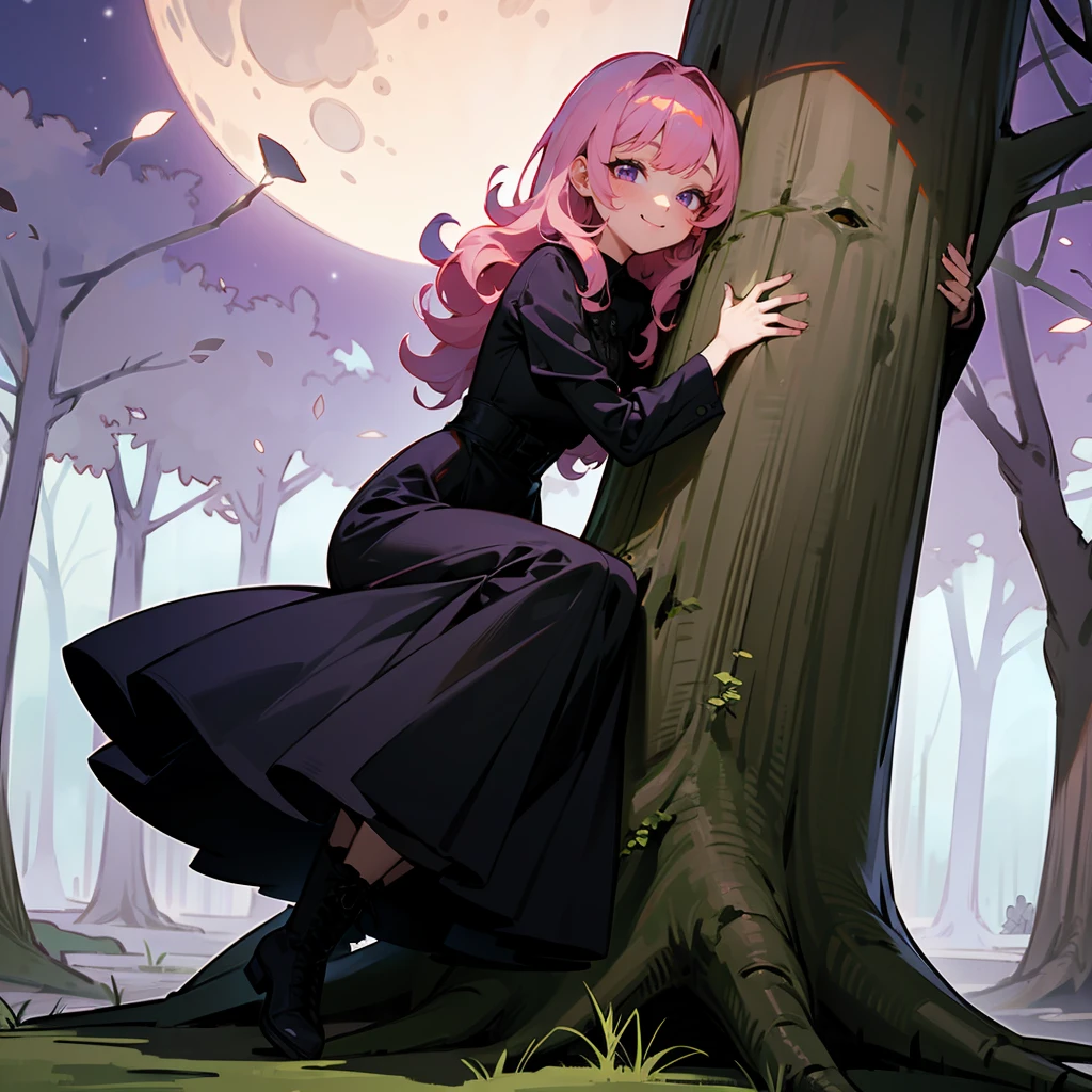 1female, Pink Hair, Black Gothic Dress, Curly Hair, Combat Boots, Purple Eyes, Smiling, , Adult Female, Moonlit Forest, Sitting on a Tree Stump
