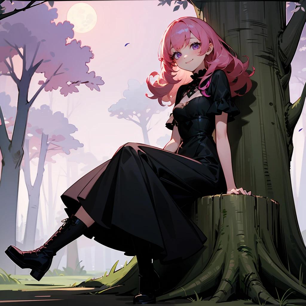 1female, Pink Hair, Black Gothic Dress, Curly Hair, Combat Boots, Purple Eyes, Smiling, , Adult Female, Moonlit Forest, Sitting on a Tree Stump