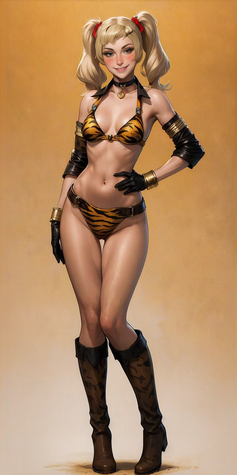 1girl, Forrest from Fire Emblem brown boots, brown gloves blonde twintails, full body, female BIMBO yellowish tiger print bikini, hands on waist, navel, lustful smirking smiling, smile face, red blushed, red cheeks, gold sleeveless armbands, black leather choker collar, sleeves bracelets wristband, leather corset