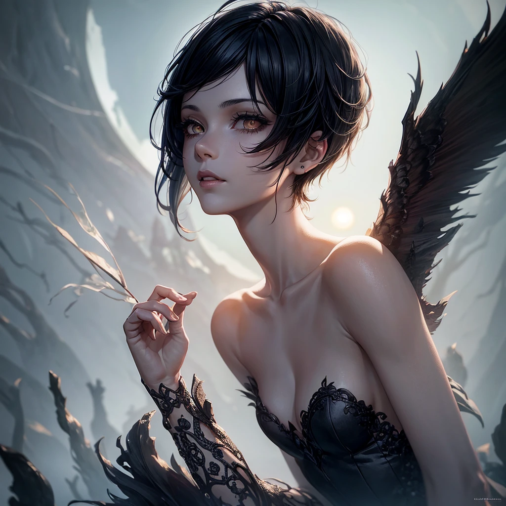 1 woman, happy, black pixie cut hair, alternative hair style, pale skin, delicate feminine mouth, small amber eyes, magic mushrooms in the floor, witch costume, full moon in sky, dark forest backdrop, ethereal, moody lighting, cinematic, dramatic, fantasy, magic, occult, supernatural, hyper detailed, intricate, masterpiece, ultra-detailed, 8k, photorealistic, cinematic lighting, dramatic shadows