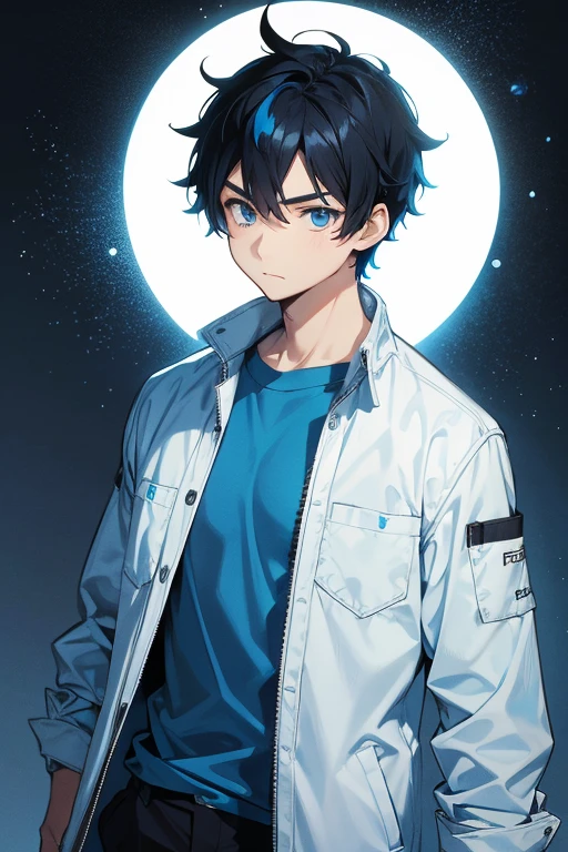 Anime boy who has black hair with blue highlights, he wears a light blue t-shirt, and wears a light blue and white coat 