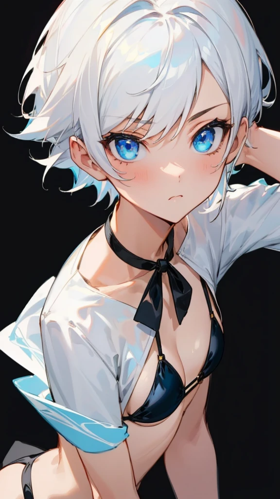 ((best quality)), ((masterpiece)), (detailed), perfect face,1 busty girl, White hair, short hair, black bikini, Blue eyes, black background, small breasts