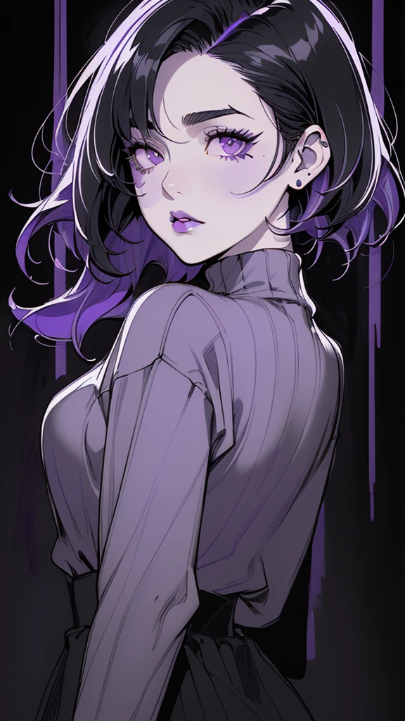 (best quality, sketch:1.2), dark monochrome background, anime,illustrator,anime,1 girl, detailed lips,sweater,custom, ( background dark),neon hair,textured cropping,Canadian, masterpiece, style retro classic, noir dark, art, sketch book, (bob hair purple:1.35, black:1.55), bad women