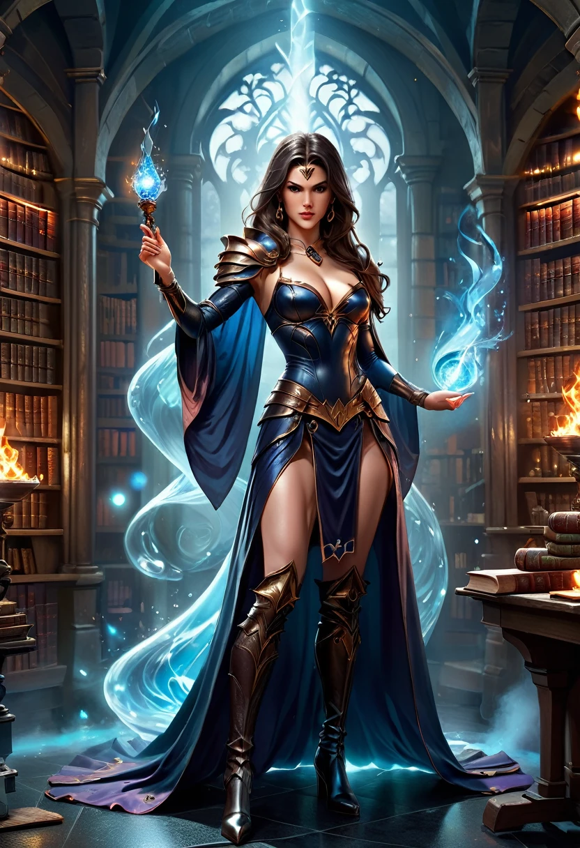 a sorceress casting a FireMagicAI spell in magical library exquisite beautiful human woman ((full body shot: 1.5)), ((anatomically correct: 1.5)) (ultra detailed face: 1.2), dynamic skin complexion, dynamic hair style, dynamic hair color,  she is wearing a long dark dress, intricate dark dress, small cleavage, long white cloak, (high heeled boots: 1.3) fantasy magical laboratory, books, potions, and magical study items,  background,  vibrant, Ultra-high resolution, High Contrast, (masterpiece:1.5), highest quality, Best aesthetics), best details, best quality, highres, 16k, [ultra detailed], masterpiece, best quality, (extremely detailed) RAW, fantasy art, dnd art, fantasy art, realistic art,  (ultra details, Masterpiece, best quality), FireMagicAI, Cinematic Hollywood Film, Intense gaze, rpg portrait, photograph