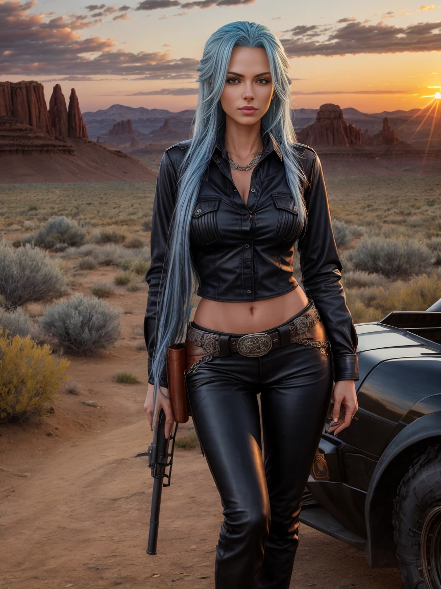 full body realism, a woman with long blue hair wearing black leather pants and a plaid shirt is standing next to a gun holster in front of a wild west landscape at sunset
