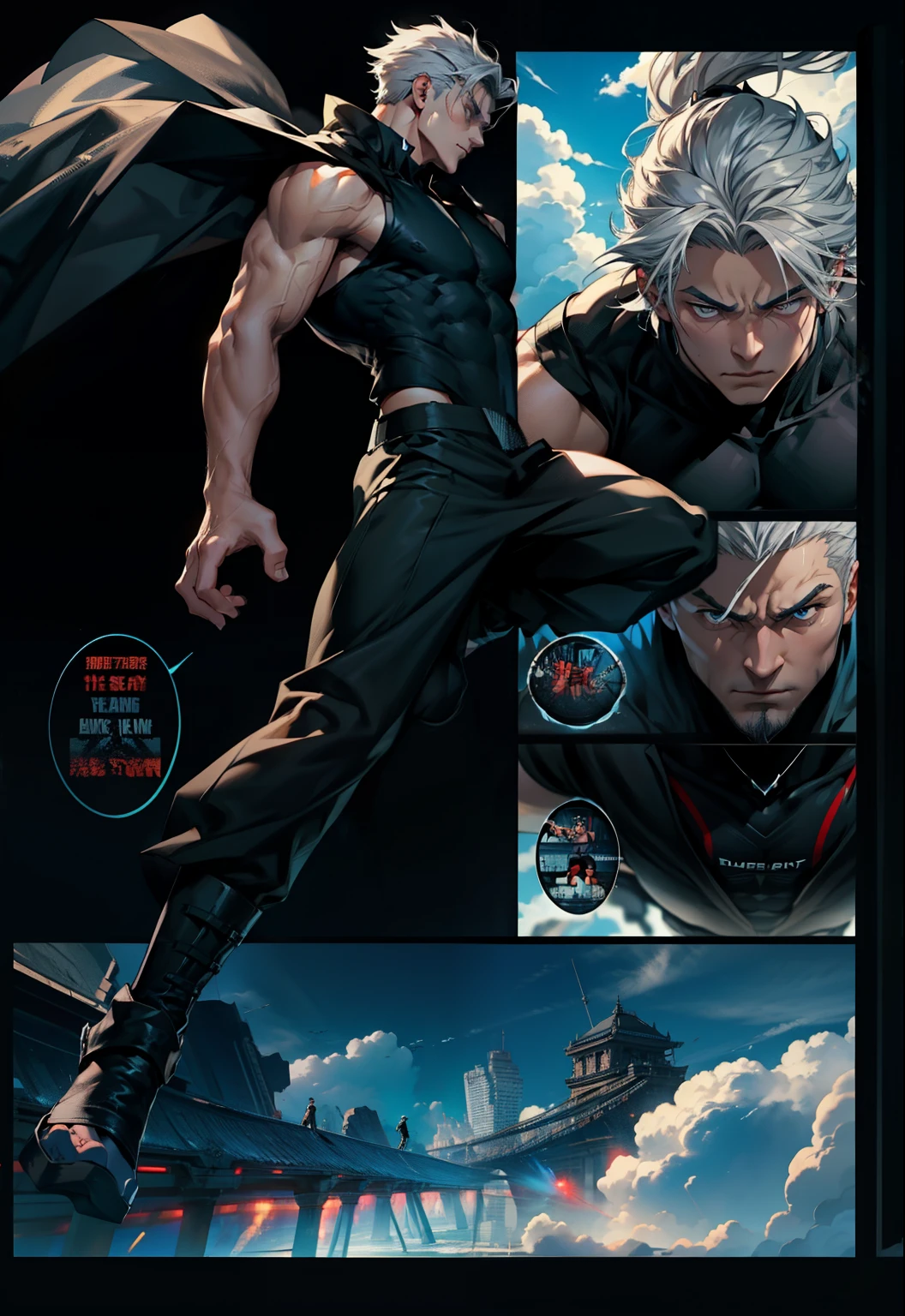 boys 26 Years old, Serious face, muscular, ((black singlets)), black pants, gray hair, flowing capes, floating on air, levitate on sky, blue sky, cloud