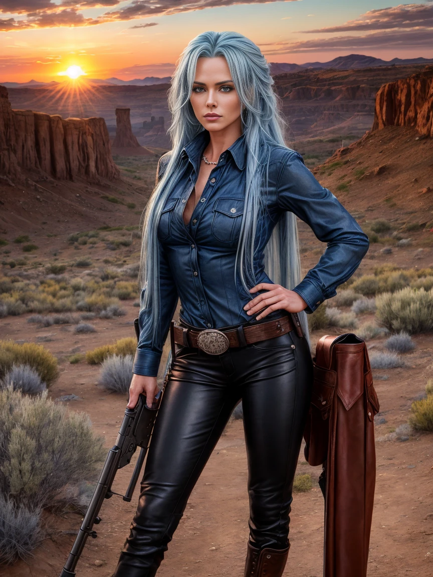 full body realism, a woman with long blue hair wearing black leather pants and a plaid shirt is standing next to a gun holster in front of a wild west landscape at sunset