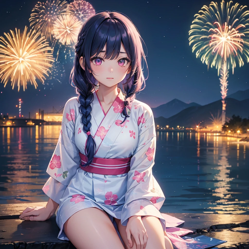 (Sky Blue Medium Hair:1.2), (Braided Hair),(Pink Eyes),Fair skin ,(whole body),(1 girl)、Floral Yukata、summer night、Extra-large fireworks filling the night sky、Big fireworks、Sitting next to you watching the fireworks、Straight bangs,(masterpiece, Highest quality, Very detailed, Best Shadow), (Detailed Background), (Beautifully detailed face), High Contrast, (Best lighting, Very delicate and beautiful), ((Cinematic Light)), colorful, Hyper Detail 8k, Dramatic Light, Intricate details,Fireworks reflected on the water surface