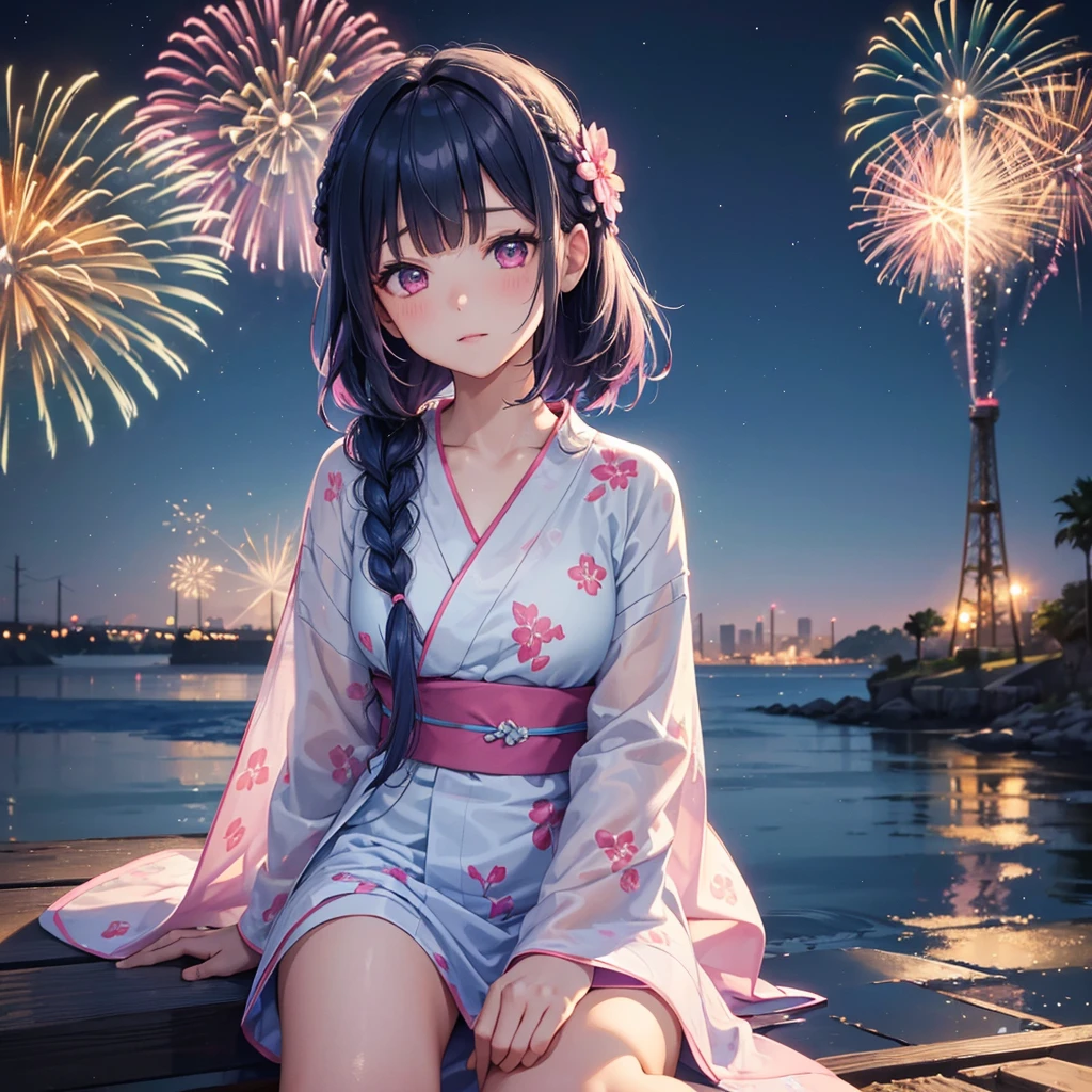 (Sky Blue Medium Hair:1.2), (Braided Hair),(Pink Eyes),Fair skin ,(whole body),(1 girl)、Floral Yukata、summer night、Extra-large fireworks filling the night sky、Big fireworks、Sitting next to you watching the fireworks、Straight bangs,(masterpiece, Highest quality, Very detailed, Best Shadow), (Detailed Background), (Beautifully detailed face), High Contrast, (Best lighting, Very delicate and beautiful), ((Cinematic Light)), colorful, Hyper Detail 8k, Dramatic Light, Intricate details,Fireworks reflected on the water surface