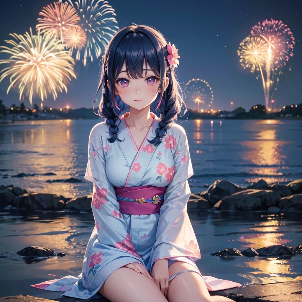 (Sky Blue Medium Hair:1.2), (Braided Hair),(Pink Eyes),Fair skin ,(whole body),(1 girl)、Floral Yukata、summer night、Extra-large fireworks filling the night sky、Big fireworks、Sitting next to you watching the fireworks、Straight bangs,(masterpiece, Highest quality, Very detailed, Best Shadow), (Detailed Background), (Beautifully detailed face), High Contrast, (Best lighting, Very delicate and beautiful), ((Cinematic Light)), colorful, Hyper Detail 8k, Dramatic Light, Intricate details,Fireworks reflected on the water surface