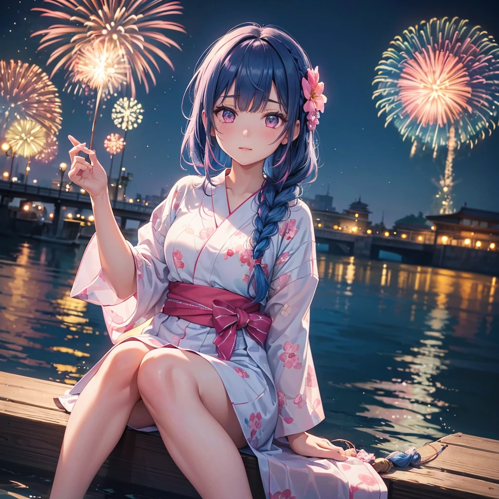 (Sky Blue Medium Hair:1.2), (Braided Hair),(Pink Eyes),Fair skin ,(whole body),(1 girl)、Floral Yukata、summer night、Extra-large fireworks filling the night sky、Big fireworks、Sitting next to you watching the fireworks、Straight bangs,(masterpiece, Highest quality, Very detailed, Best Shadow), (Detailed Background), (Beautifully detailed face), High Contrast, (Best lighting, Very delicate and beautiful), ((Cinematic Light)), colorful, Hyper Detail 8k, Dramatic Light, Intricate details,Fireworks reflected on the water surface