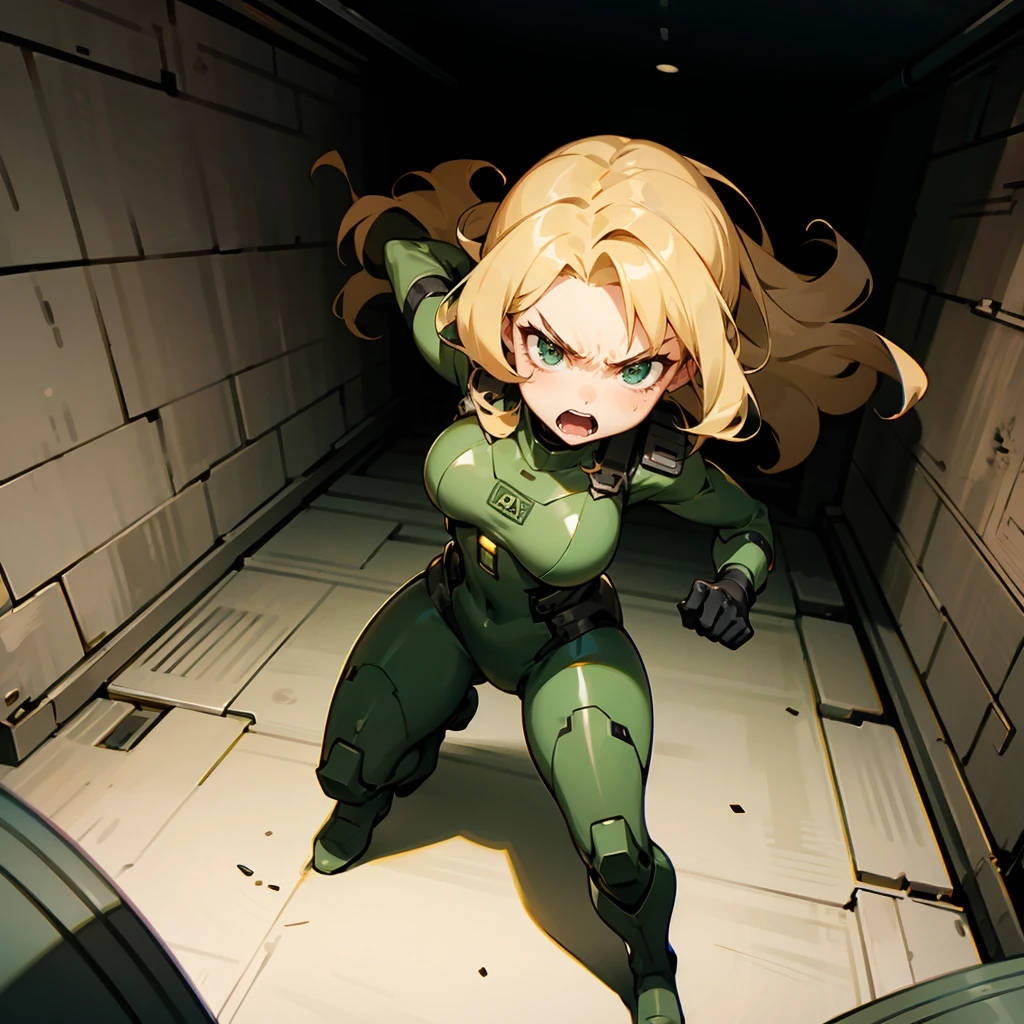 1female, Blonde Hair, Green Combat Suit, Wavy Hair, Black Gloves, Tactical Boots, Hazel Eyes, Angry Expression, Tall, Adult Female, Underground Bunker, Checking Equipment