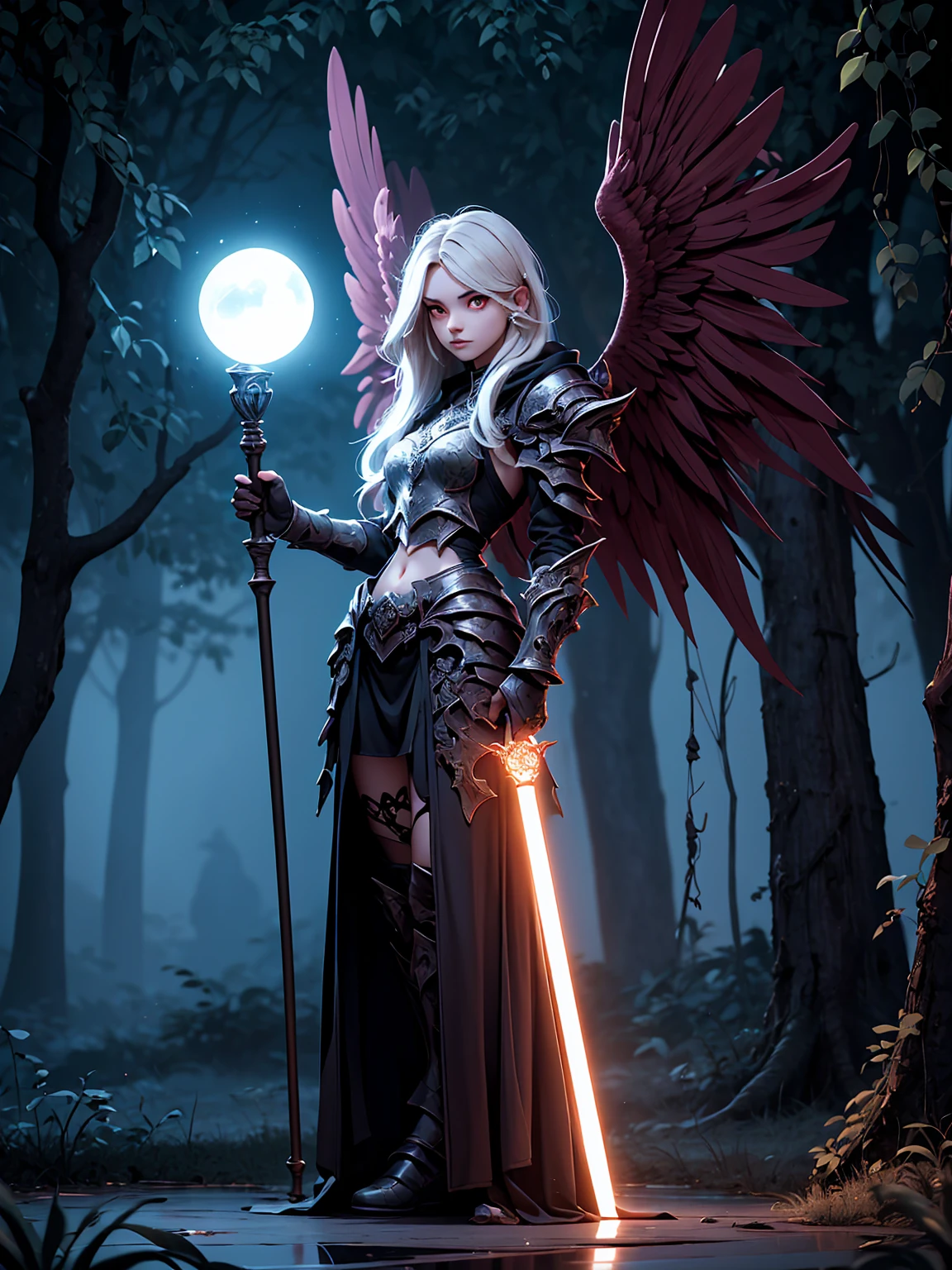 ((full body shot)) of a girl in detailed black gothic battle armor, standing in a completely dark environment. She has long white hair and glowing red eyes, with black angel wings, tattoos, and piercings. Her battle armor is intricately designed, revealing her bellybutton. She is holding a glowing orb of energy in her hands, which emits a soft, ethereal light. Surrounding her are numerous small lights in shades of {blue|purple}, casting a faint glow similar to candlelight. The only illumination comes from the orb and the particles around her. The atmosphere is {mysterious|otherworldly}, with a misty haze drifting around her feet. The ground beneath her is reflective, creating a mirrored effect that adds to the surreal ambiance. Subtle textures of ancient, worn stones and creeping vines can be seen in the background, hinting at a hidden, gothic castle. The scene is quiet and enigmatic, with her face partially obscured by the hood, her eyes focused intently on the luminous orb. She holds an intricately designed staff made of wood with metallic parts and embedded jewels. [Best quality], [Masterpiece], [Ultra-detailed], [4k], {serene|intense} atmosphere, gothic castle, {dynamic pose|relaxed pose}, complete darkness, {soft shadows|dramatic lighting}, {reflected light on the ground:0.7}, {misty haze:0.6}, {glowing plants:0.5}, {creeping vines:0.4}, {ancient stones:0.3}.