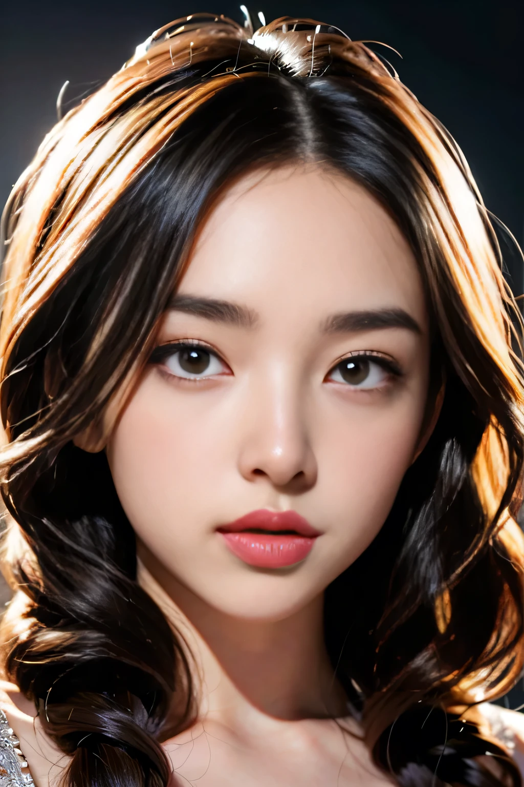 (8k, High resolution, High resolution), ((((photograph, RAWphotograph, Hyperrealism, masterpiece, Highest quality, ultra High resolution)))), (Pin Light, Backlight, Backlight, Cinematic Light), Sharp focus:1. 4, (Hyper Detail, In detail), face close, close,
One girl, Egg-shaped face, have big, beautiful cat-like eyes, Cute button nose, Small, cute, plump lips, Thick eyebrows and long, beautiful eyelashes. Transparent throughout makeup, Apply a touch of pink to your cheeks、Put on some lip gloss. Her hairstyle is long and wavy..
