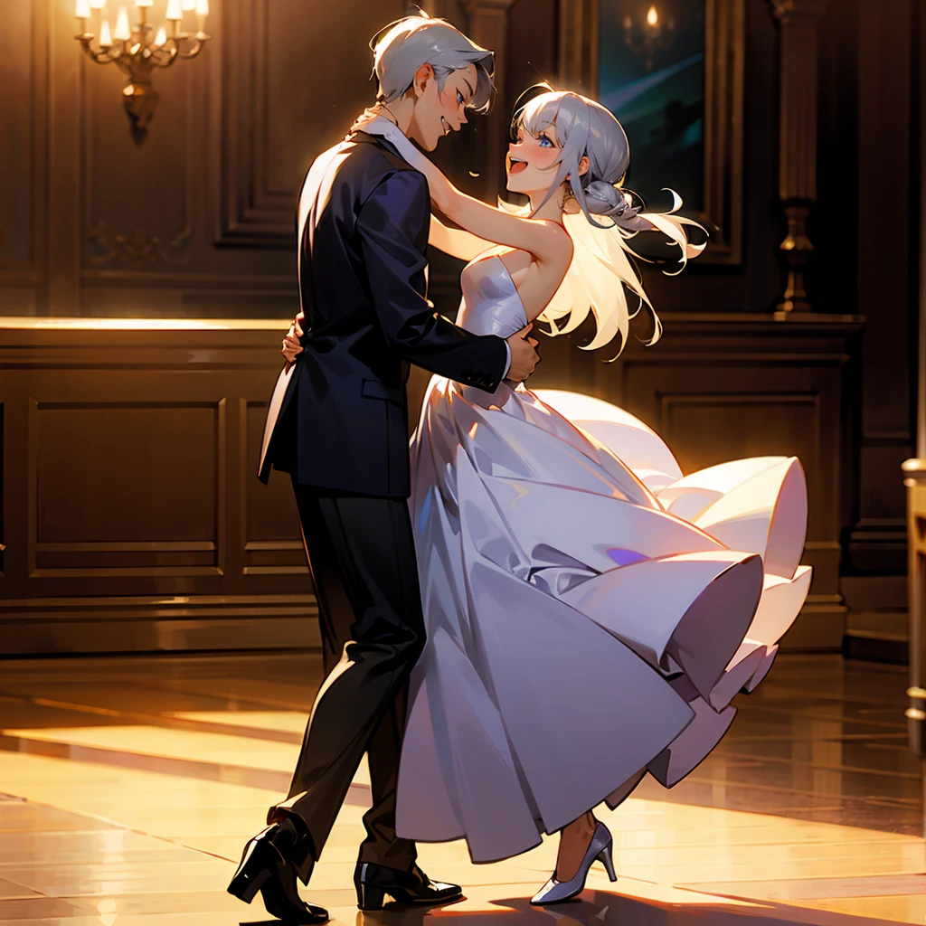 1female, Silver Hair, Purple Ball Gown, Straight Hair, White Heels, Blue Eyes, Laughing, Slender, Adult Female, Grand Ballroom, Dancing Alone