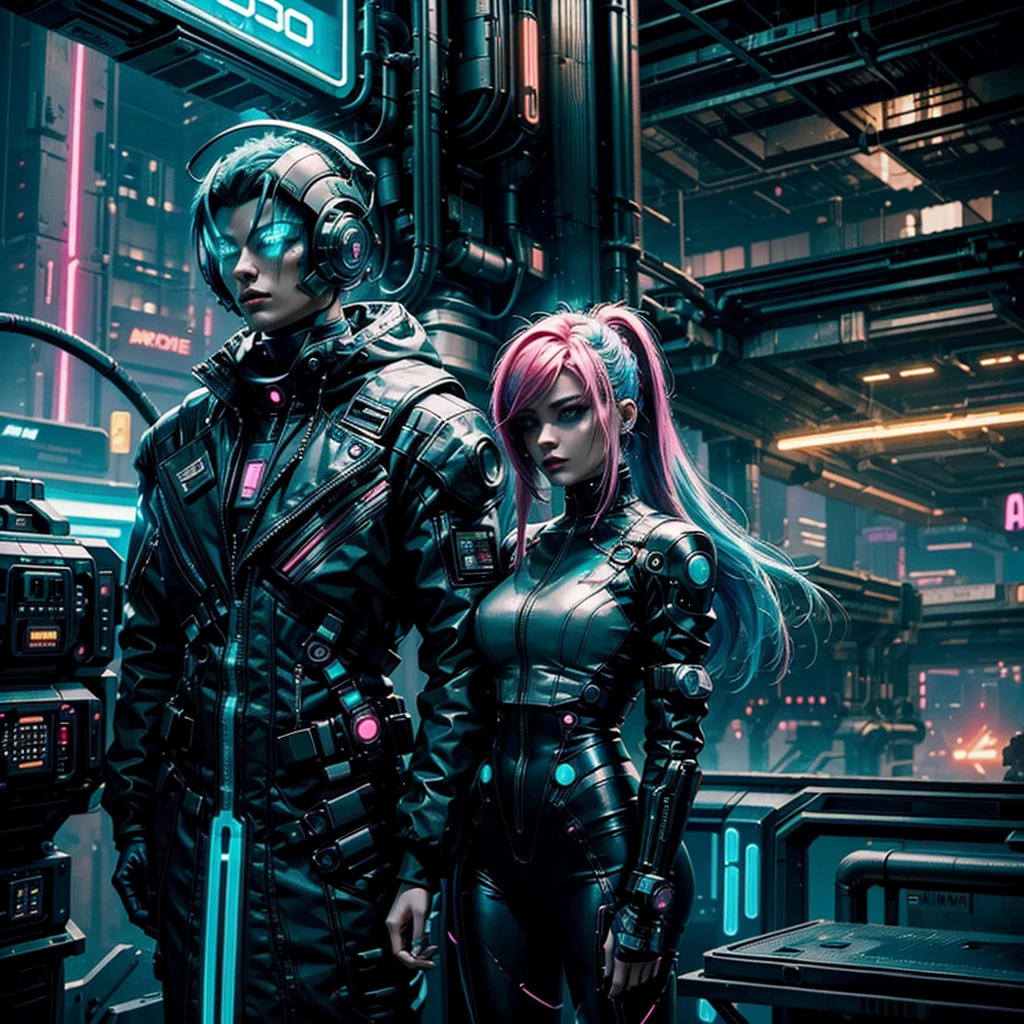 A futuristic cyberpunk woman with neon hair, wearing a futuristic outfit, embraces a mysterious android in a dimly lit planetary colony. The background features industrial structures, neon lights, and a sense of impending danger, adding to the overall sinister and romantic atmosphere of the scene.