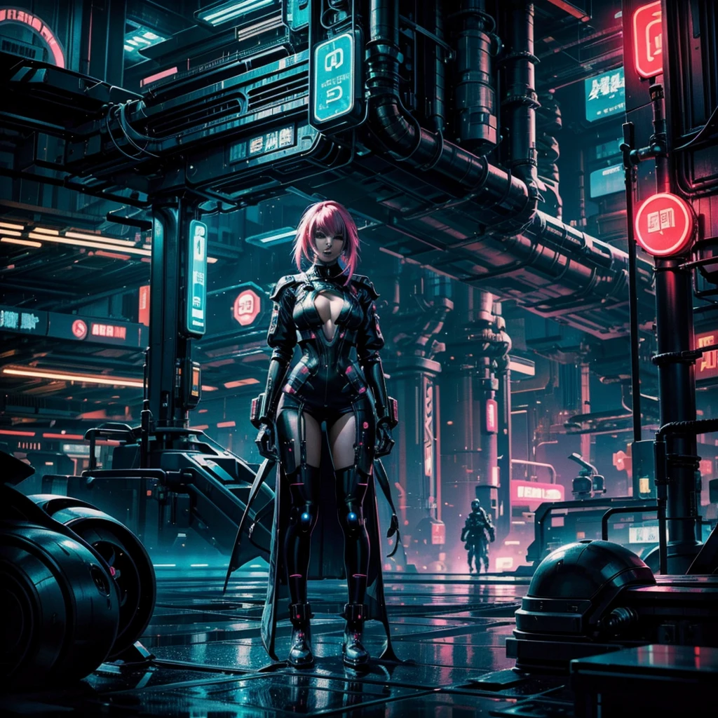 A futuristic cyberpunk woman with neon hair, wearing a  futuristic outfit, embraces a mysterious android  in a dimly lit planetary colony. The background features industrial structures, neon lights, and a sense of impending danger, adding to the overall sinister and romantic atmosphere of the scene.