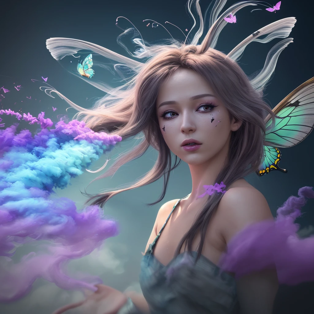 Flying butterfly ,High resolution,masterpiece, action painting, The best quality, 3D rendering, colorful smoke trail..UHD, 