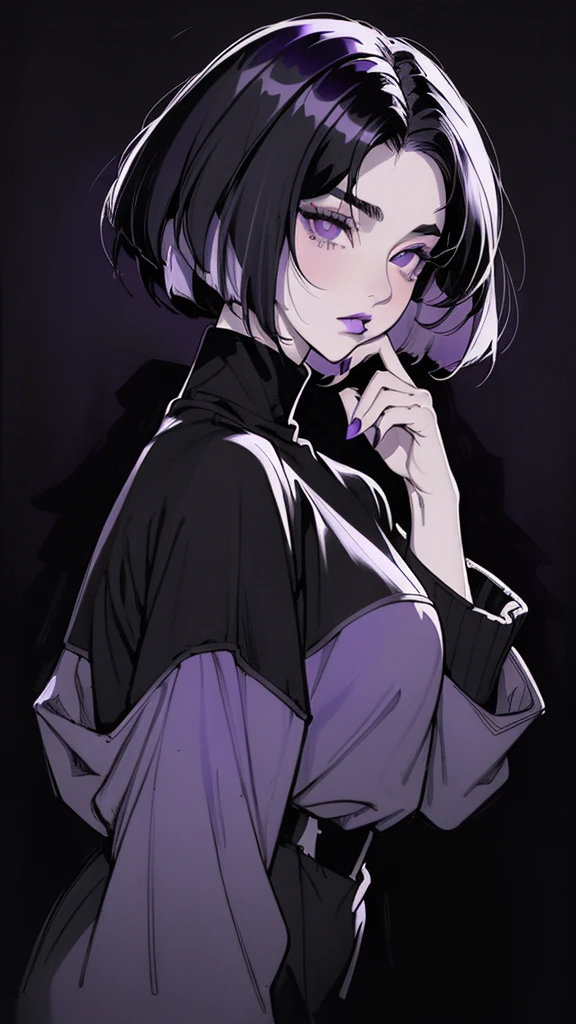 (best quality, sketch:1.2), dark monochrome background, anime,illustrator,anime,1 girl, detailed lips,sweater,custom, ( background dark),neon hair,textured cropping,Canadian, masterpiece, style retro classic, noir dark, art, sketch book, (bob hair purple:1.35, black:1.55), bad women