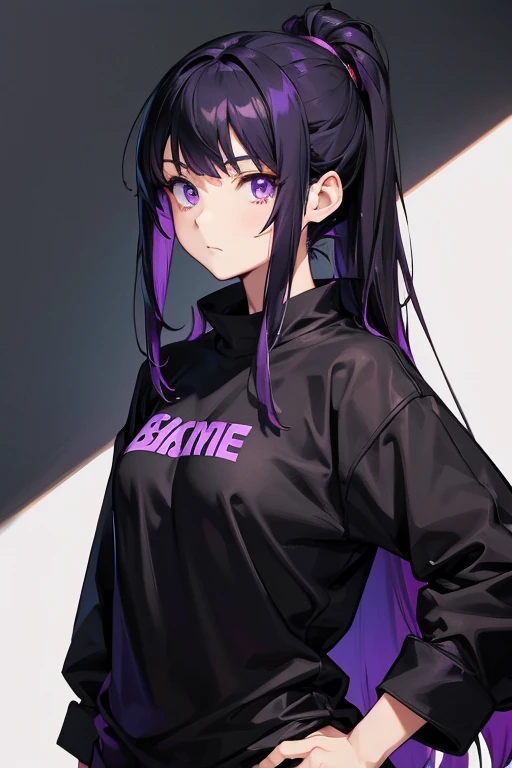 Anime woman who has black hair with purple highlights, He wears a black t-shirt, and wears a black coat