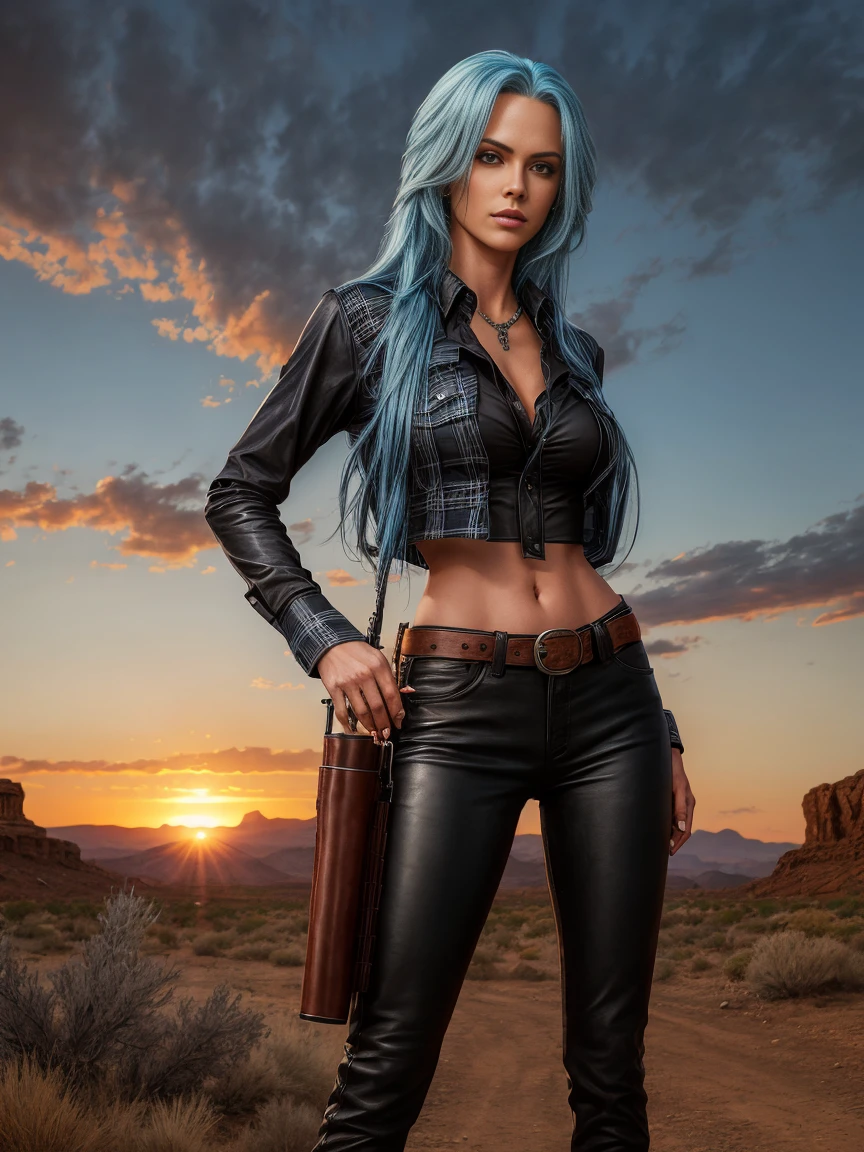 full body realism, a woman with long blue hair wearing black leather pants and a plaid shirt is standing next to a gun holster in front of a wild west landscape at sunset