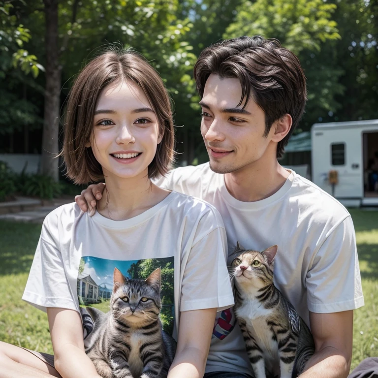 Realistic image with photo quality, strong colors
An outdoor environment, such as a park or garden, with lots of vegetation in the background to convey a feeling of freedom and nature.
Elements:
A smiling couple, dressed in t-shirts without any design, without prints and with the front of the t-shirt highlighted.
They are interacting with their pets: a dog sitting next to one person, a cat on another's lap, and a parrot perched on their shoulder.
Highlight for the t-shirts, focusing on the front of the plain t-shirts, without any design, but without losing the faces and joy of the people in the image. 1:1